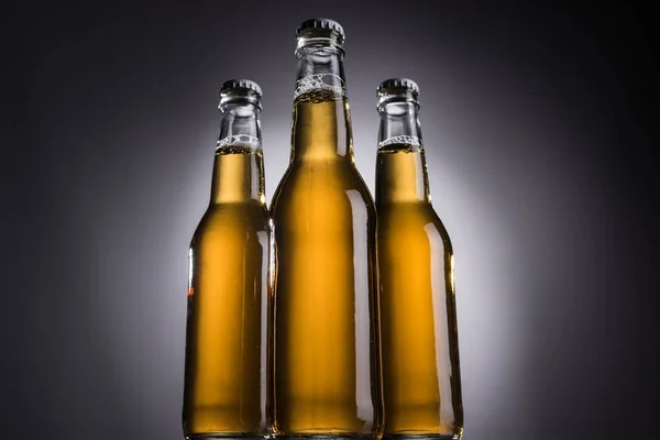 Niedrigwinkel-Ansicht von Glasflaschen mit Bier auf dunklem Hintergrund mit Gegenlicht — Stockfoto