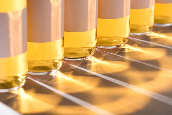 Close up view of glass beer bottles with blank white labels and shadow — Stock Photo