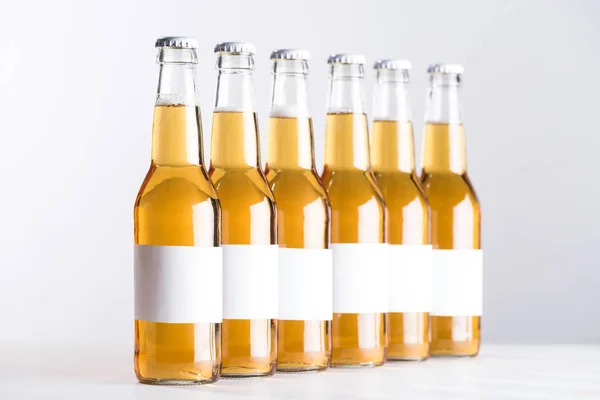 Glass beer bottles with blank white labels isolated on grey — Stock Photo