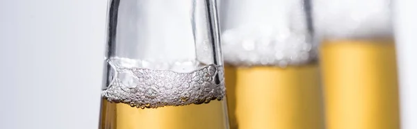 Messa a fuoco selettiva di bottiglie di birra con bollicine isolate sul grigio, colpo panoramico — Foto stock