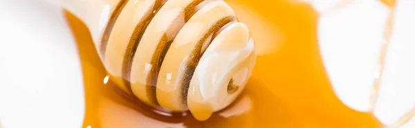 Tiro panorâmico de poça de mel e mel de madeira dipper isolado em branco — Fotografia de Stock
