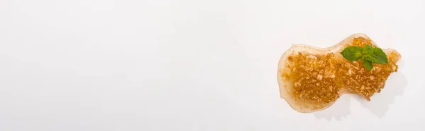 Панорамний знімок смачного стільника з медовим і зеленим листя м'яти на білому тлі з місцем для тексту — стокове фото