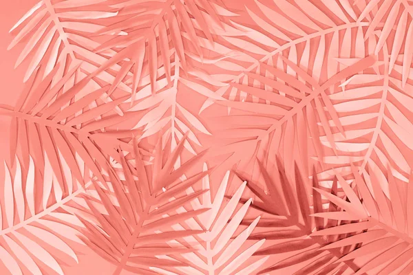 Vista superior de hojas de palma cortadas de papel tropical de coral, fondo minimalista - foto de stock