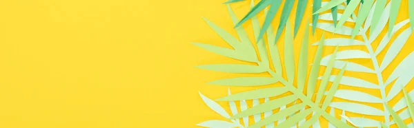 Vista superior de papel cortar folhas tropicais verdes no fundo amarelo brilhante com espaço de cópia, tiro panorâmico — Fotografia de Stock