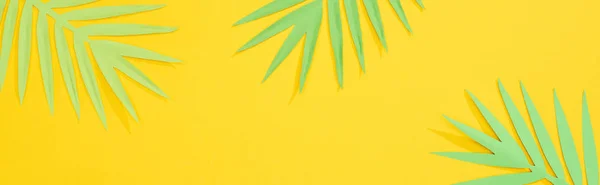 Vue du dessus des feuilles de palmier tropical vert coupé en papier sur fond jaune brillant avec espace de copie, vue panoramique — Photo de stock