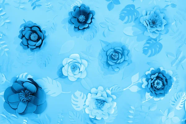 Верхний вид листьев бумаги и цветов на голубом минималистичном фоне — стоковое фото