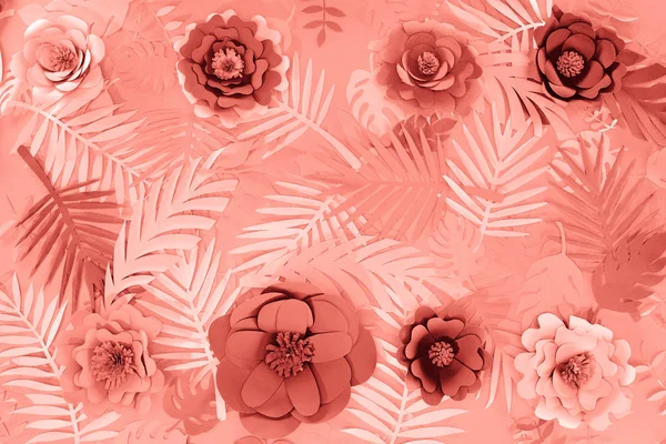 Flat lay com coral tropical papel cortar folhas de palma e flores, fundo minimalista — Fotografia de Stock
