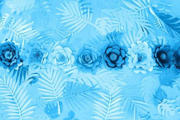 Pose plate avec des feuilles coupées en papier et des fleurs sur fond bleu minimaliste — Photo de stock