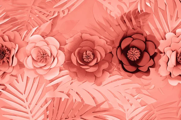 Flat lay with coral tropical paper cut palm leaves and flowers, minimalistic background — Stock Photo