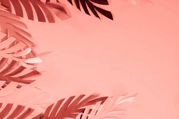 Frame of coral tropical paper cut palm leaves, minimalistic background with copy space — Stock Photo