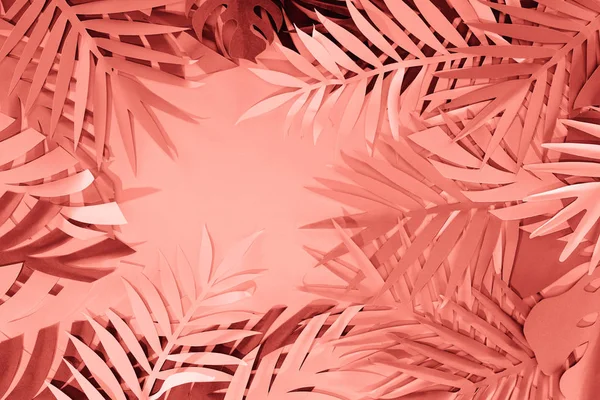 Frame of coral tropical paper cut palm leaves, minimalistic background with copy space — Stock Photo