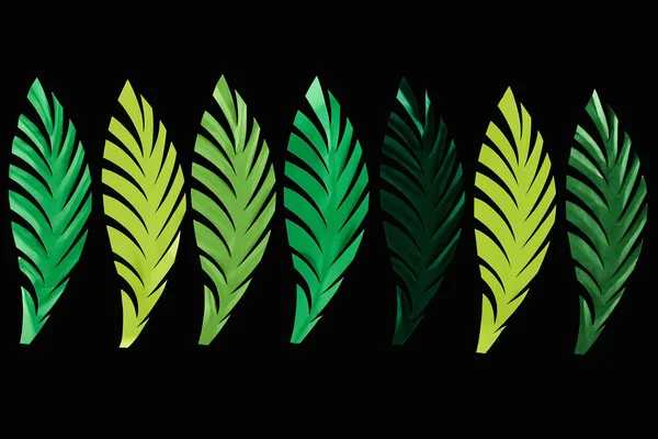 Flache Lage mit papiergeschnittenen grünen Blättern isoliert auf schwarz, Hintergrundmuster — Stockfoto