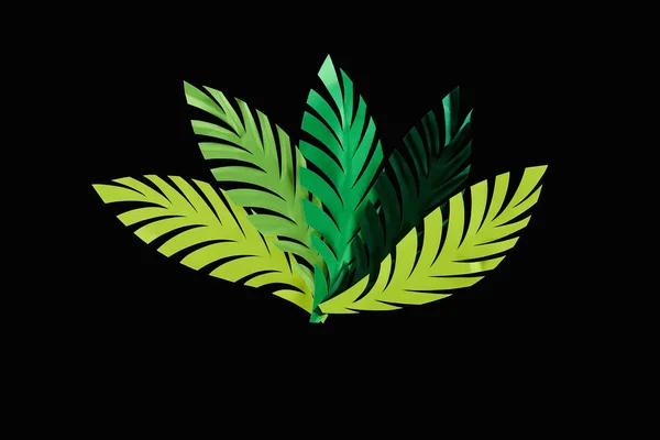 Top view of paper cut green leaves isolated on black, background pattern — Stock Photo