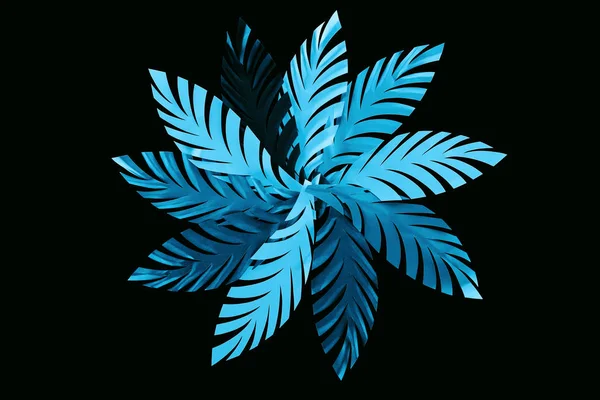 Top view of paper cut blue leaves isolated on black, background pattern — Stock Photo