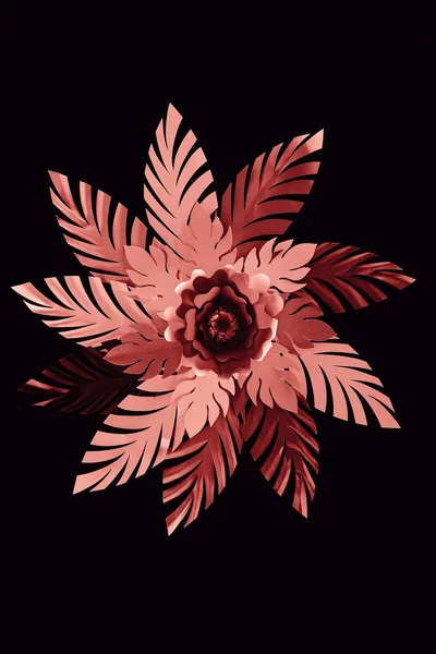 Vue du dessus des feuilles de corail découpées en papier avec fleur isolée sur fond noir — Photo de stock