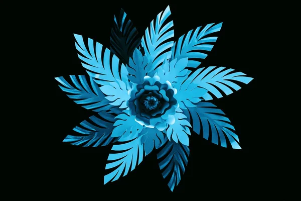 Vista superior del papel cortado hojas azules con flor aislada en negro, patrón de fondo - foto de stock