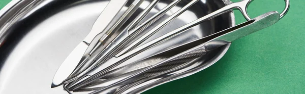 Panoramic shot of scissors and dental instruments in metallic plate isolated on green — Stock Photo