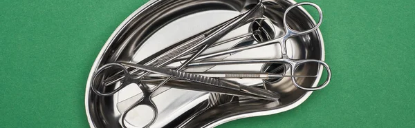 Панорамний знімок металевої пластини з зубними інструментами та ножицями ізольовані на зеленому — стокове фото