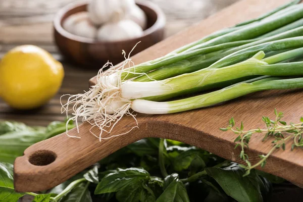 Selective focus of green onion on wooden cutting board — Stock Photo