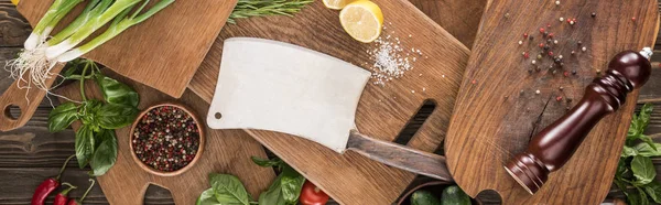 Tiro panorâmico de tábuas de corte, tomates cereja, sal, pimentas, moinho de pimenta, picador de carne, limão, vegetação e especiarias — Fotografia de Stock