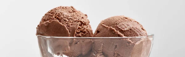 Vue rapprochée de délicieuses glaces au chocolat dans un bol en verre isolé sur fond gris, panoramique — Photo de stock