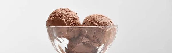 Delizioso gelato al cioccolato in ciotola di vetro isolato sul grigio, colpo panoramico — Foto stock