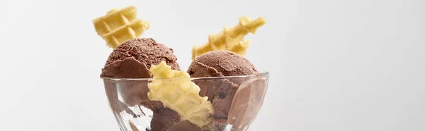 Delicioso helado de chocolate en tazón de cristal con gofres aislados en gris, tiro panorámico - foto de stock