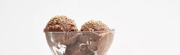 Délicieuse glace au chocolat dans un bol en verre isolé sur blanc, panoramique — Photo de stock