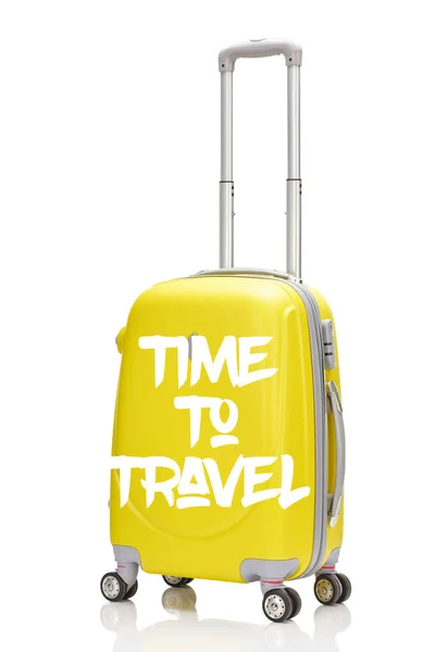 Yellow plastic wheeled suitcase with handle and time to travel illustration isolated on white — Stock Photo