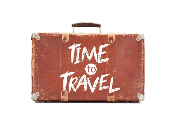 Weathered brown vintage suitcase with time to travel illustration isolated on white — Stock Photo