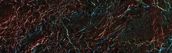 Panoramic shot of abstract background of textured crumpled foil with colorful lighting — Stock Photo