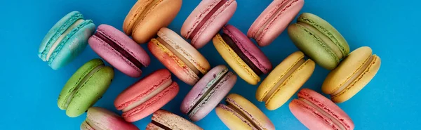 Top view of colorful delicious French macaroons on blue bright background, panoramic shot — Stock Photo