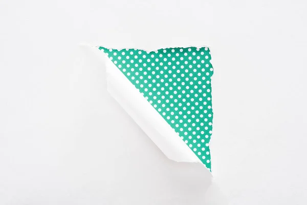 Papier blanc déchiré et roulé sur fond vert pointillé coloré — Photo de stock