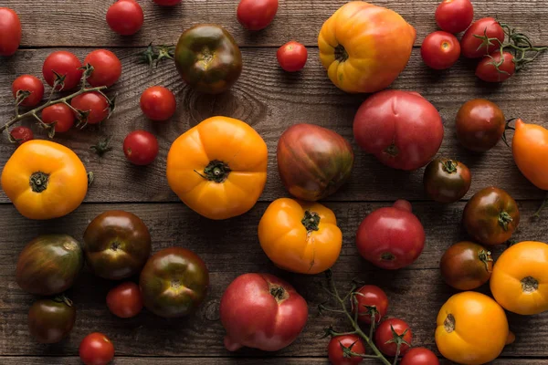 Vue de dessus des tomates rouges et jaunes dispersées sur la table en bois — Photo de stock