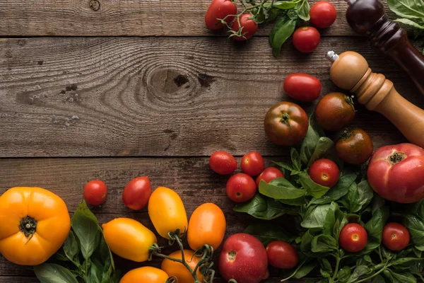 Vista superior de tomates espalhados e espinafre perto de moinho de pimenta e moinho de sal com espaço vazio na mesa de madeira — Fotografia de Stock