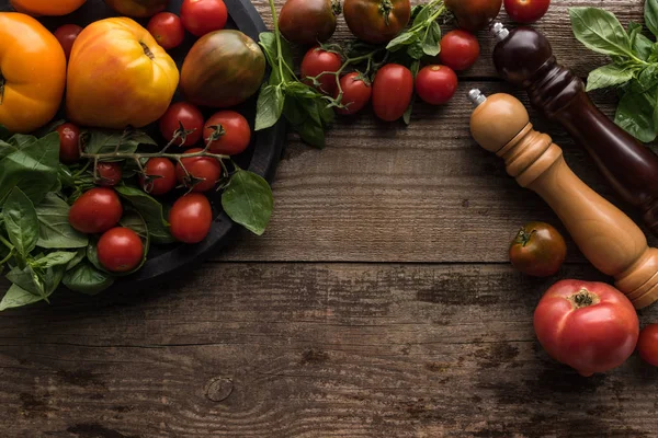 Top view of pepper mill and salt mill near tomatoes and spinach on pizza pan on wooden surface — Stock Photo