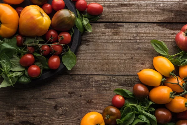 Vista superior de tomates e espinafre na panela de pizza perto de tomates espalhados na superfície de madeira — Fotografia de Stock