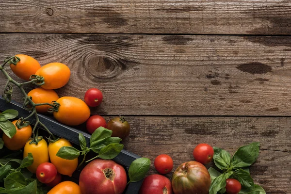 Vista superior de tomates e espinafre na caixa na mesa de madeira — Fotografia de Stock