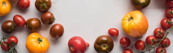 Panoramic shot of scattered tomatoes with empty space in middle on marble surface — Stock Photo