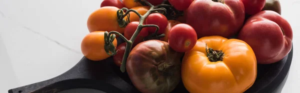 Panoramic shot of different tomatoes on wooden pizza pan on marble surface — Stock Photo