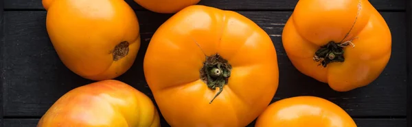 Plano panorámico de tomates amarillos en caja negra de madera - foto de stock