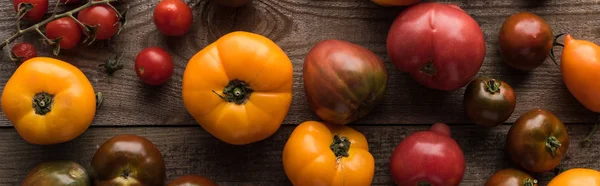 Panoramic shot of scattered red and yellow tomatoes on wooden table — Stock Photo
