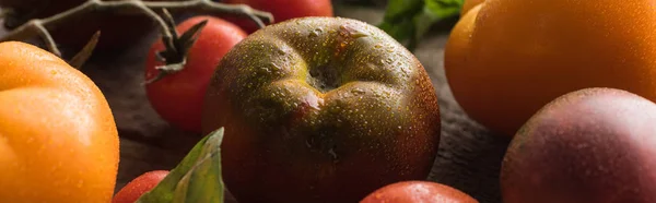 Panoramic shot of tomatoes with spinach on wooden surface — Stock Photo