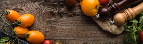 Panoramic shot of tomatoes and spinach in box near pepper mill and salt mill on piece of fabric on wooden surface — Stock Photo