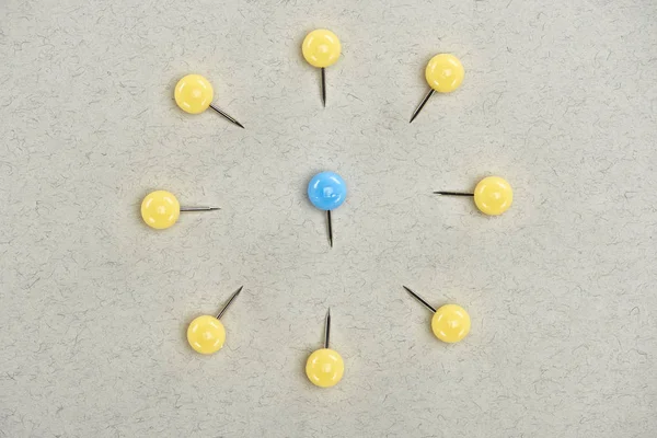 Top view of pins symbolizing victim and abusers on grey background — Stock Photo