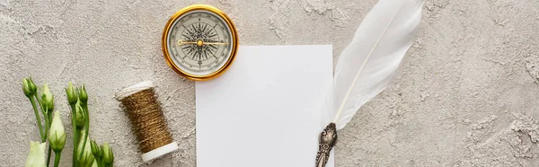 Plano panorámico de pluma de pluma en la tarjeta blanca cerca de brújula dorada, carrete y flores de eustoma blanco en la superficie texturizada gris - foto de stock