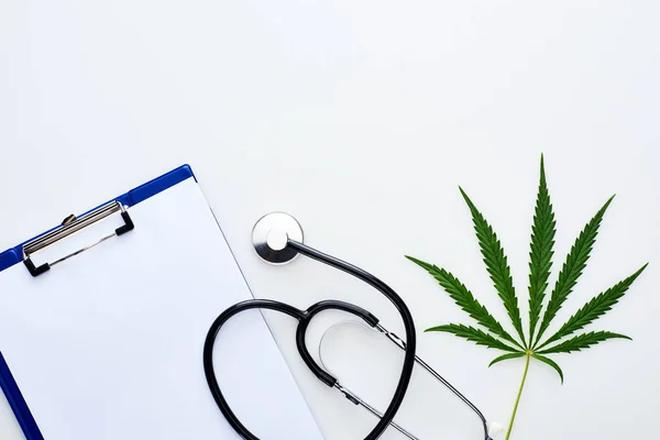 Vista dall'alto della foglia di cannabis medica, stetoscopio sugli appunti su sfondo bianco — Foto stock