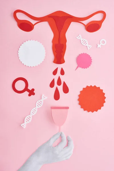 Обрізаний вид руки, що тримає менструальну чашку біля червоного паперу, вирізана жіноча репродуктивна система з краплями крові та порожніми картками на рожевому фоні — стокове фото