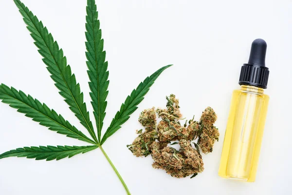 Vue du dessus de la feuille de cannabis verte, de l'huile de cbd et des bourgeons de marijuana isolés sur du blanc — Photo de stock
