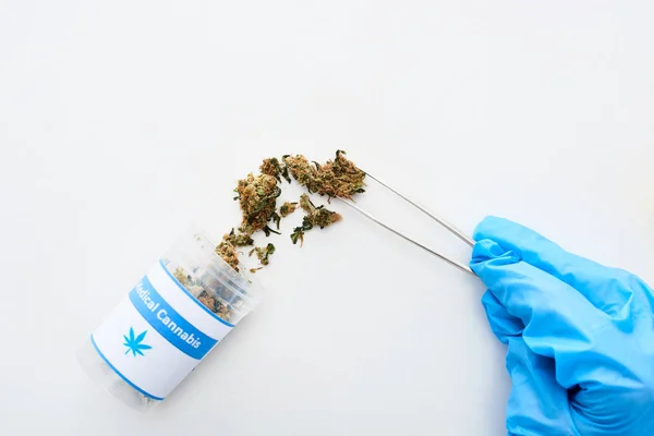 Cropped view of doctor in blue glove holding medical cannabis with tweezers on white background — Stock Photo